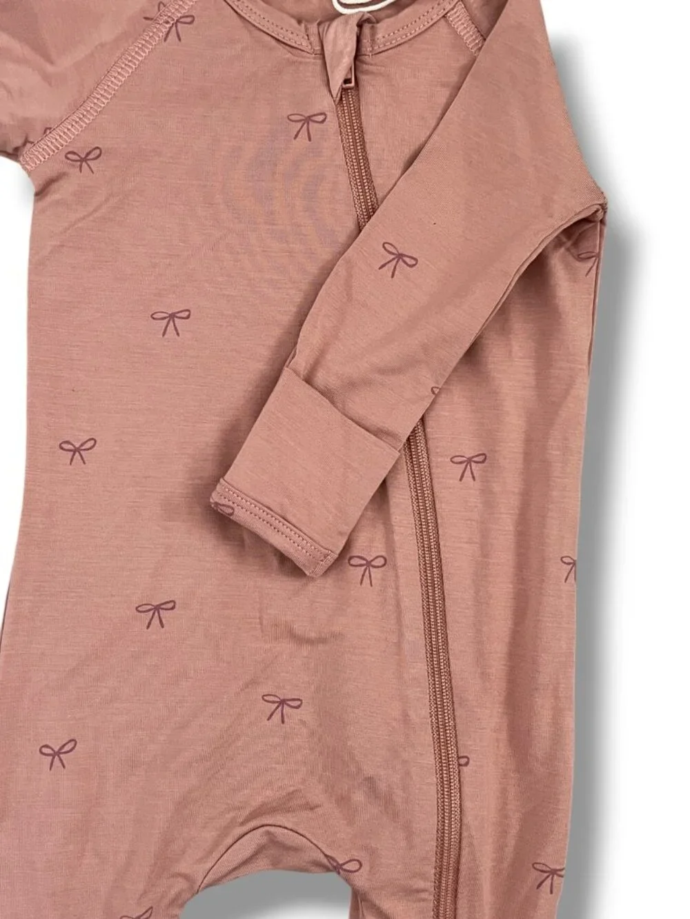 NWT Quincy Mae Bow Bamboo Zip Footie in Blush Pink Mauve Size 3-6M
